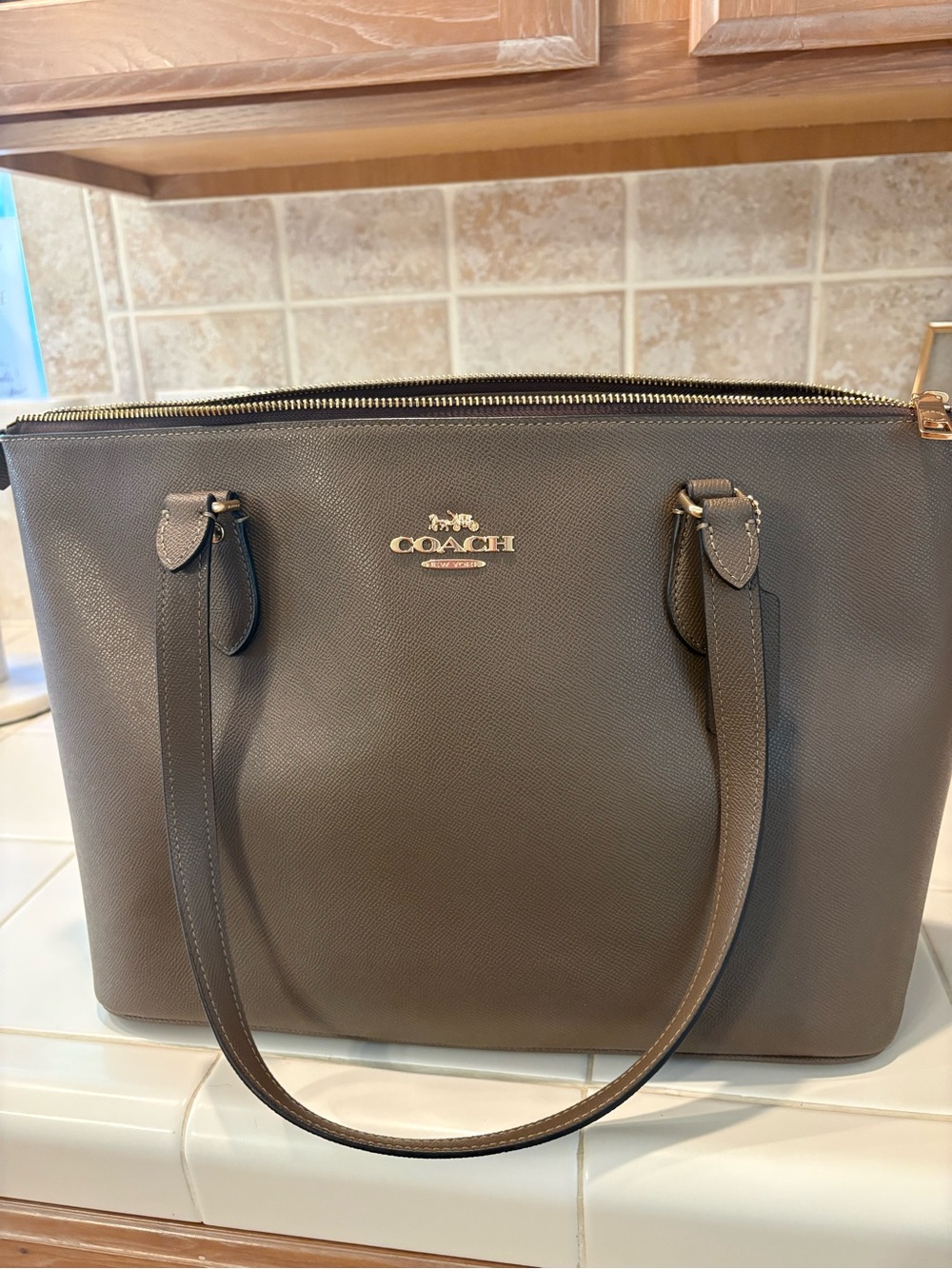Coach Taupe Leather Zip-Top Tote with Gold Hardware